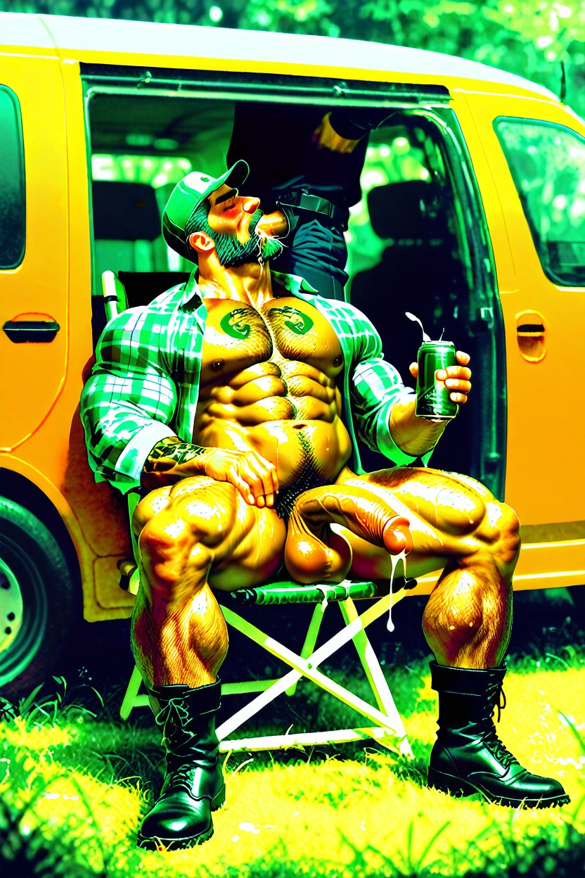 Stocky, Wearing Leather Work Boots, Full Body AI Gay Porn