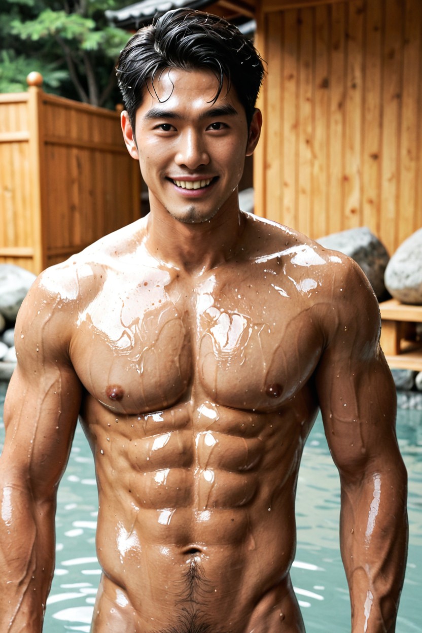 Erect Cock, Chiseled Jawline, Oiled And Wet Skin AI Gay Porn