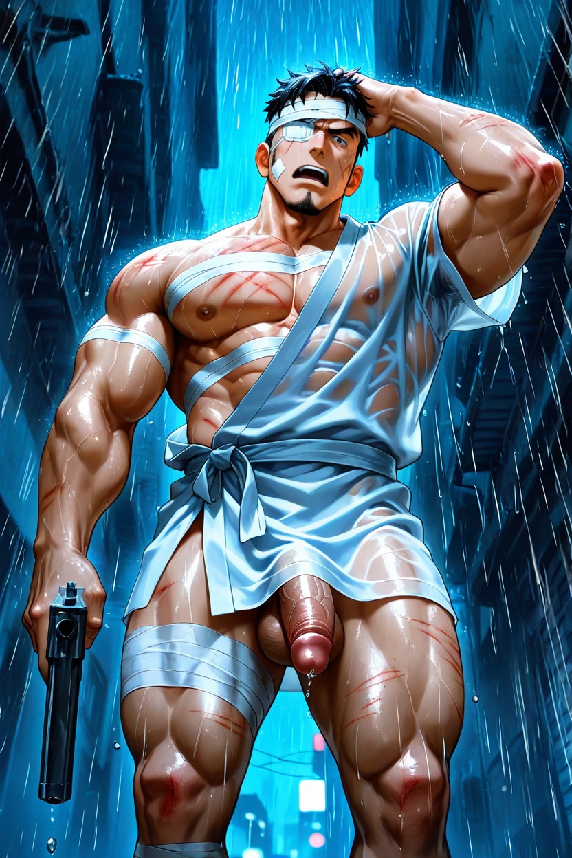 Bandages Wrapped On Arm, Band Aid On Cheek, Bandages Wrapped On Chest AI Gay Porn