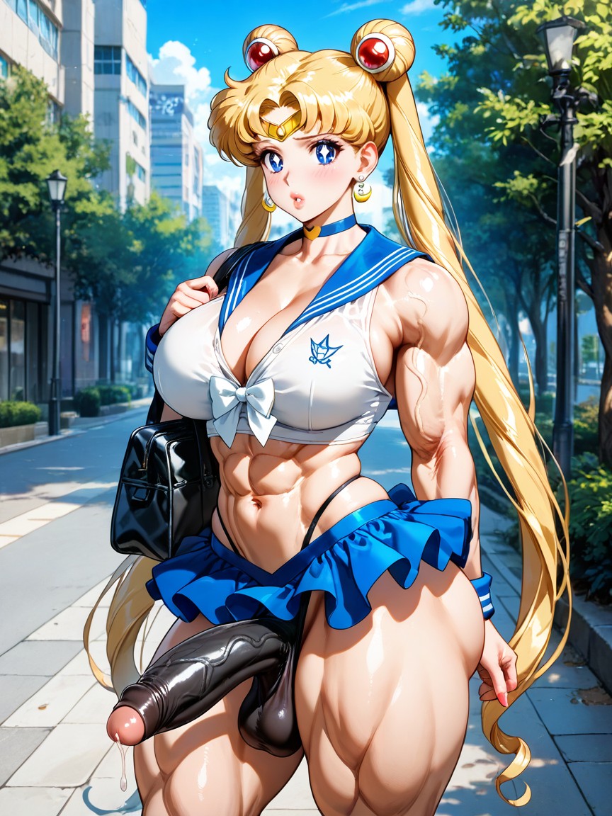 Hoop Earrings, Extremely Large Ass, With A Blue Sailor Collar Featuring White Stripes AI Gay Porn