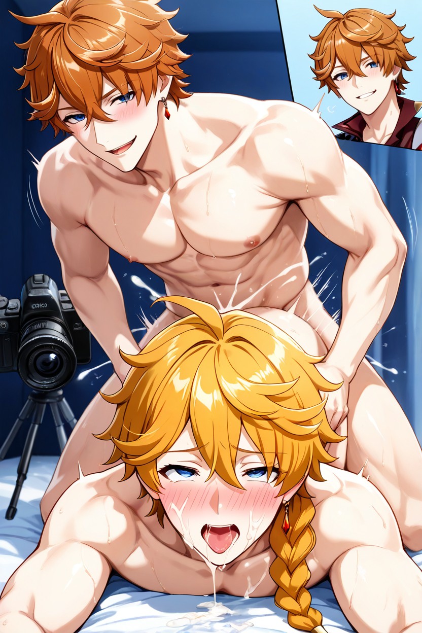 Aether Holding Tartaglia's Hips, Eyes Focused On Tartaglia, Receiving Thrust AI Gay Porn