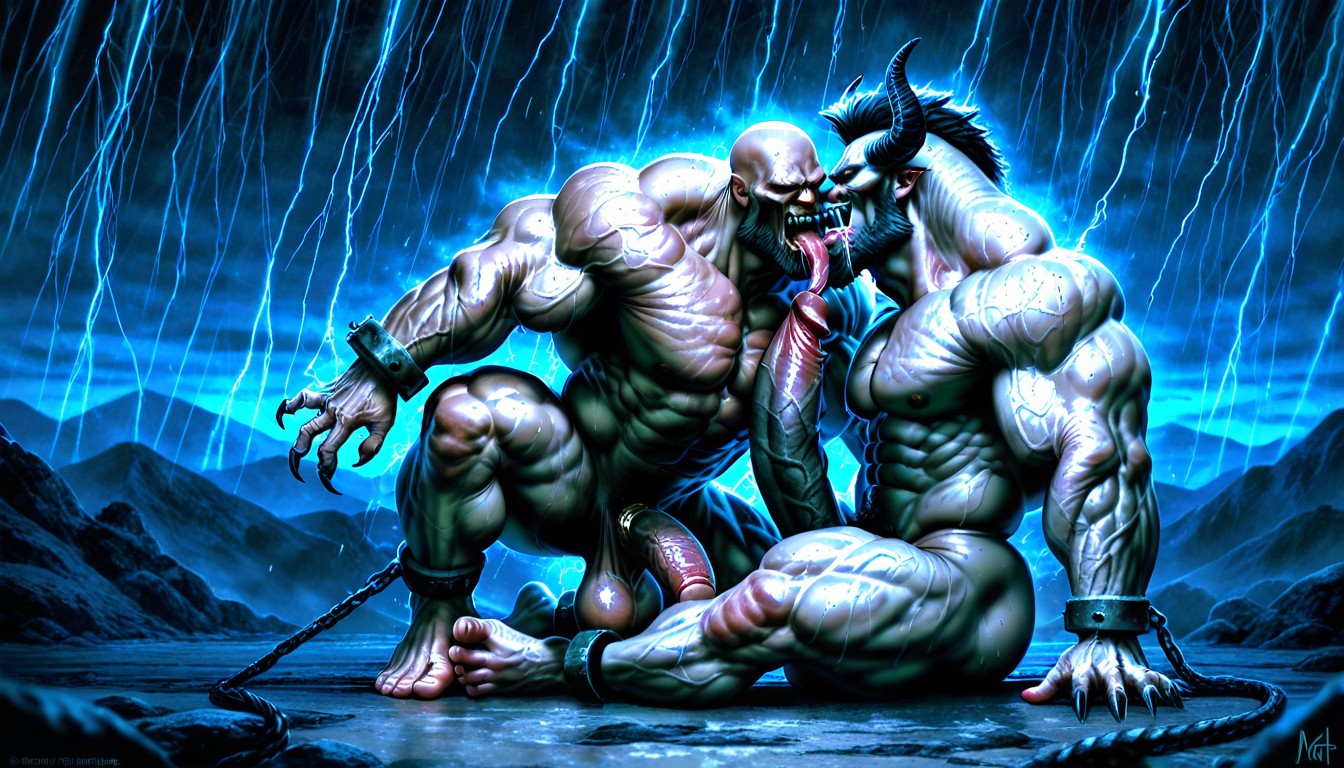 Shackles On Hands And Ankles, Tongue Out, Textured Muscles AI Gay Porn