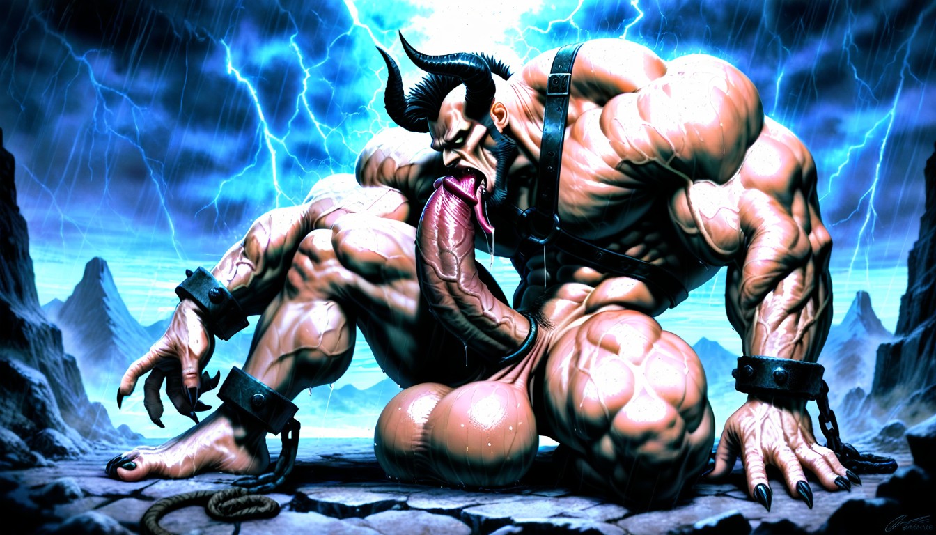 Hyper Wide Shoulders, Huge Balls, Tongue Out AI Gay Porn