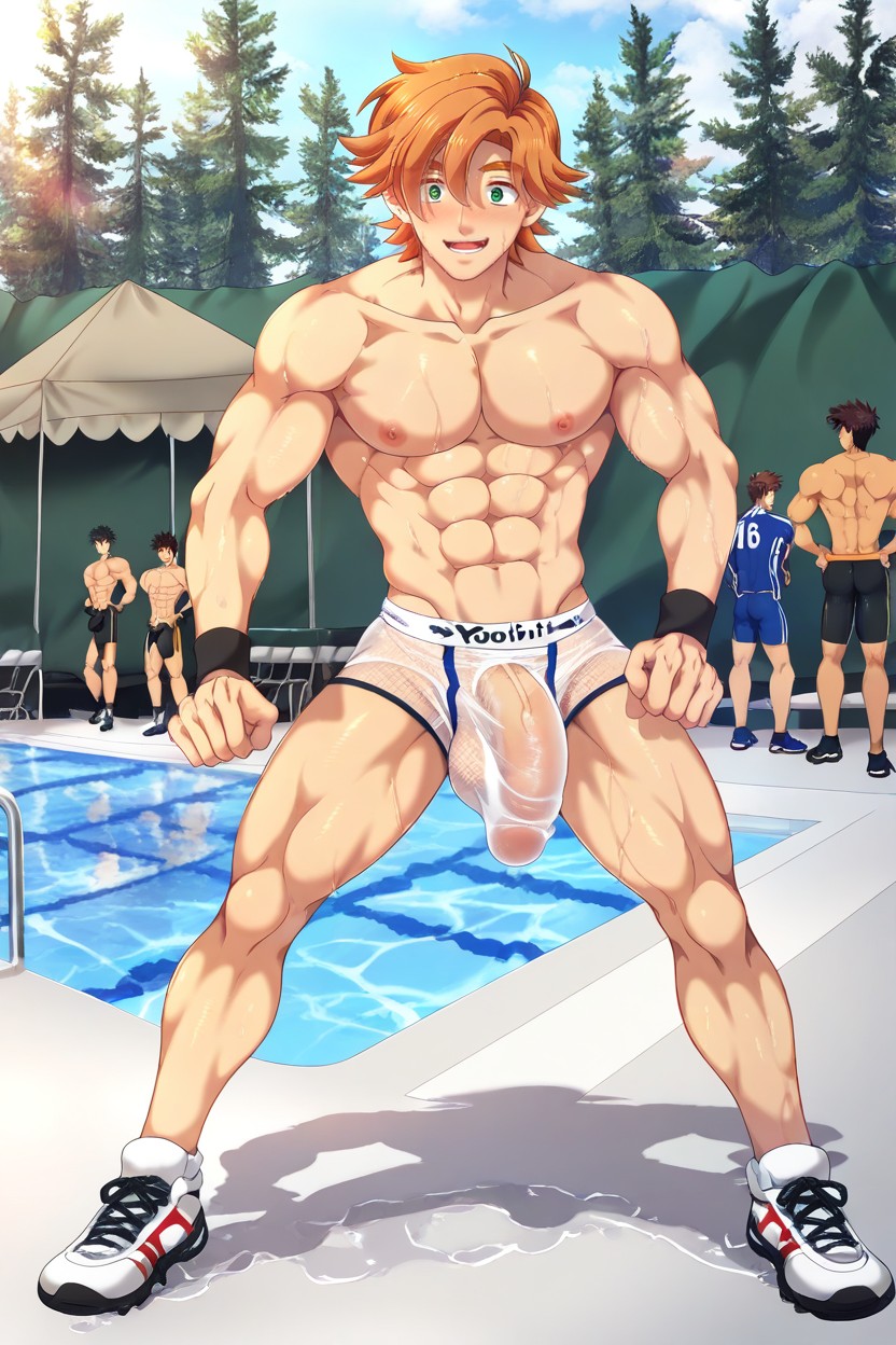 3 People, Pool, Massive Bulge AI Gay Porn