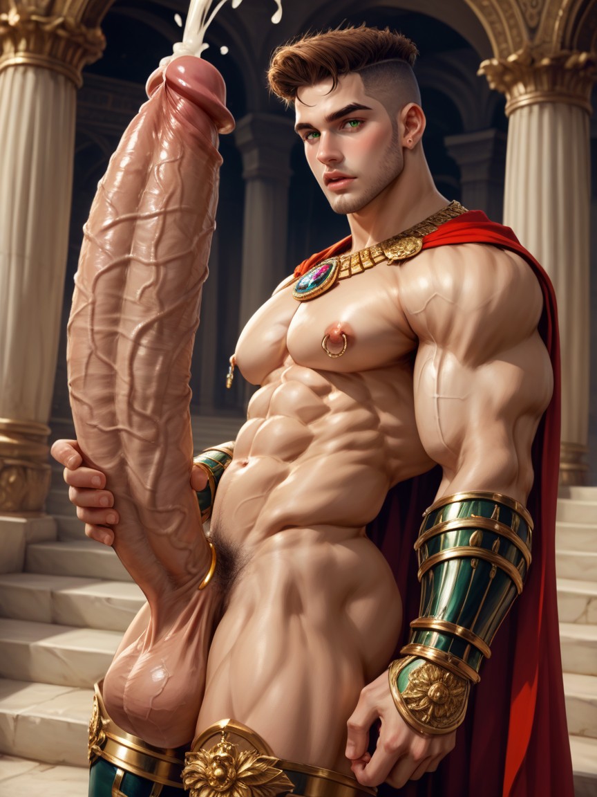 Massively Oversized Vascular Hyper Defined Growing Masculine Frame Next To Colossal Outstanding Staircase Of The Ancient Roman Palace, 1 Person, Royal Heavy Cape AI Gay Porn