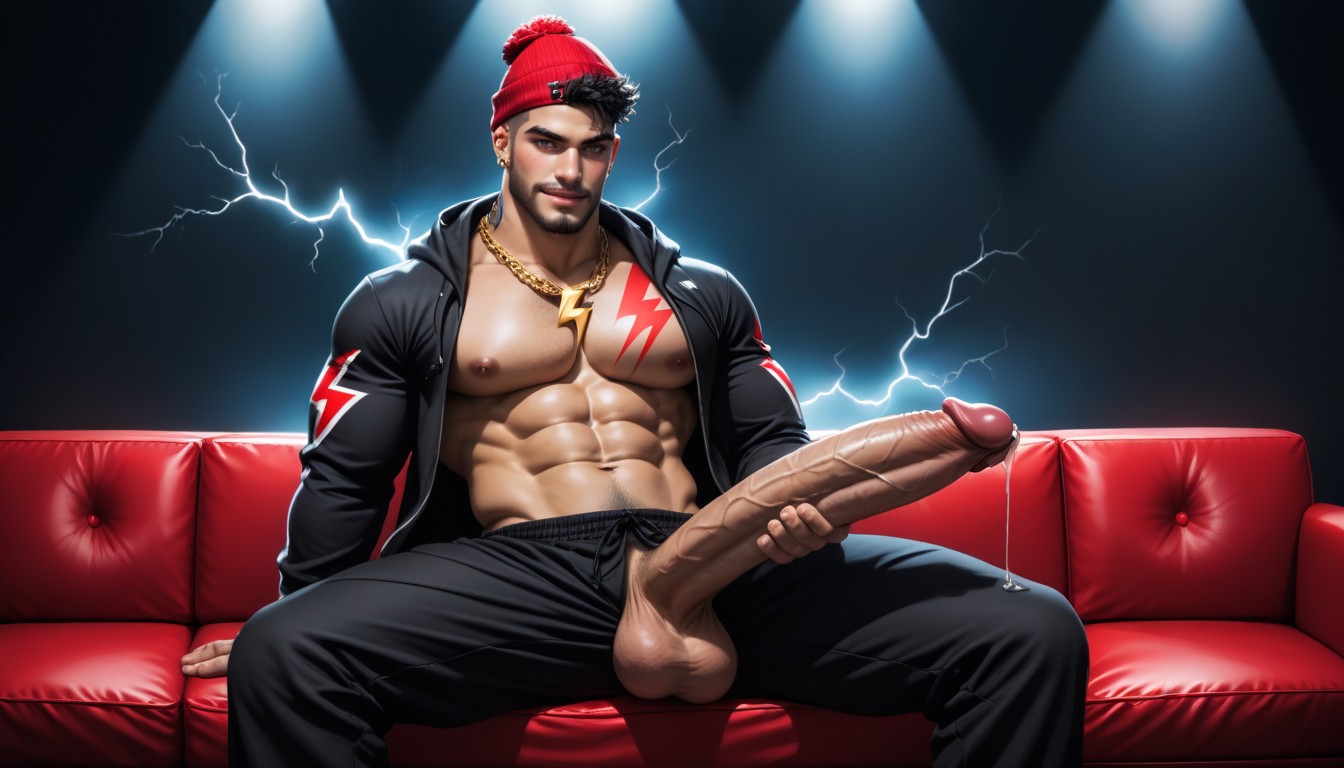 Precum Dripping, Abs Visible, Huge Thick Vibrating Red Hot Black Bbc Cock Looks Like Dildo AI Gay Porn