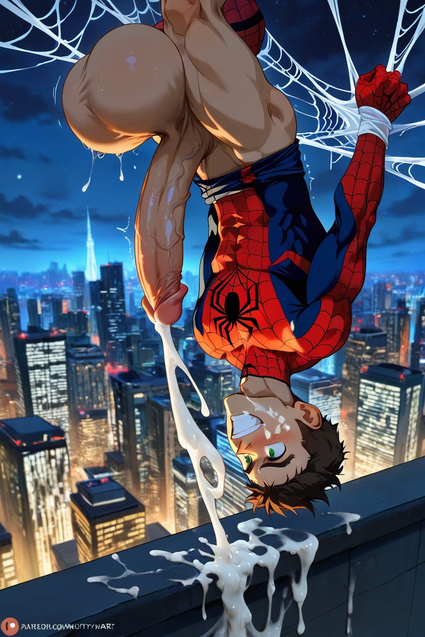 Red Spider Man Suit, No Mask, Oversized Hyper Gigantic Penis AI Gay Porn