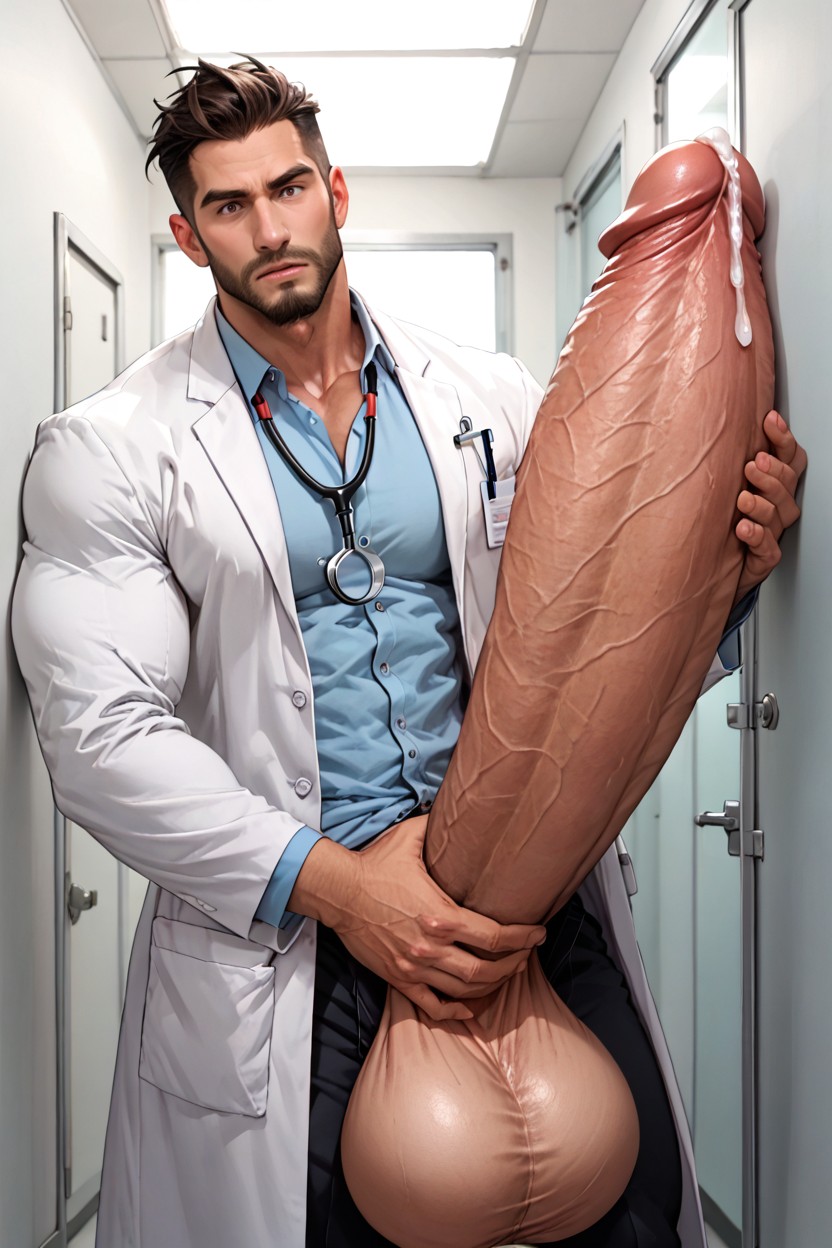 Disgusted And Surprised Looking Down At Penis, Researching Penis, Doctor Holding Patient's Cock With Two Gloved Hands AI Gay Porn