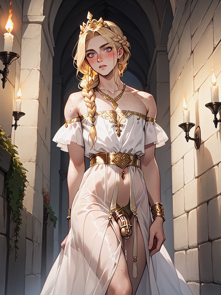 Navel Exposed, Long Blonde Hair, Gold Chastity Belt AI Gay Porn
