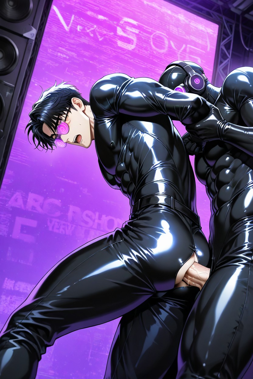 Black Rubber Suit, Jumpsuit, Hands Pulled Behind Back AI Gay Porn