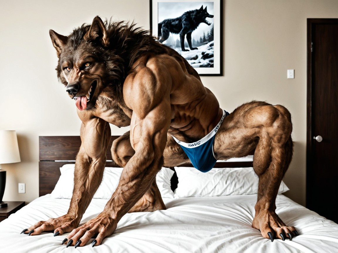 18+, Dim Nighttime, Ultra Fine Photorealistic Detailed Brown Fur Covers The Werewolf’s Entire Body AI Gay Porn