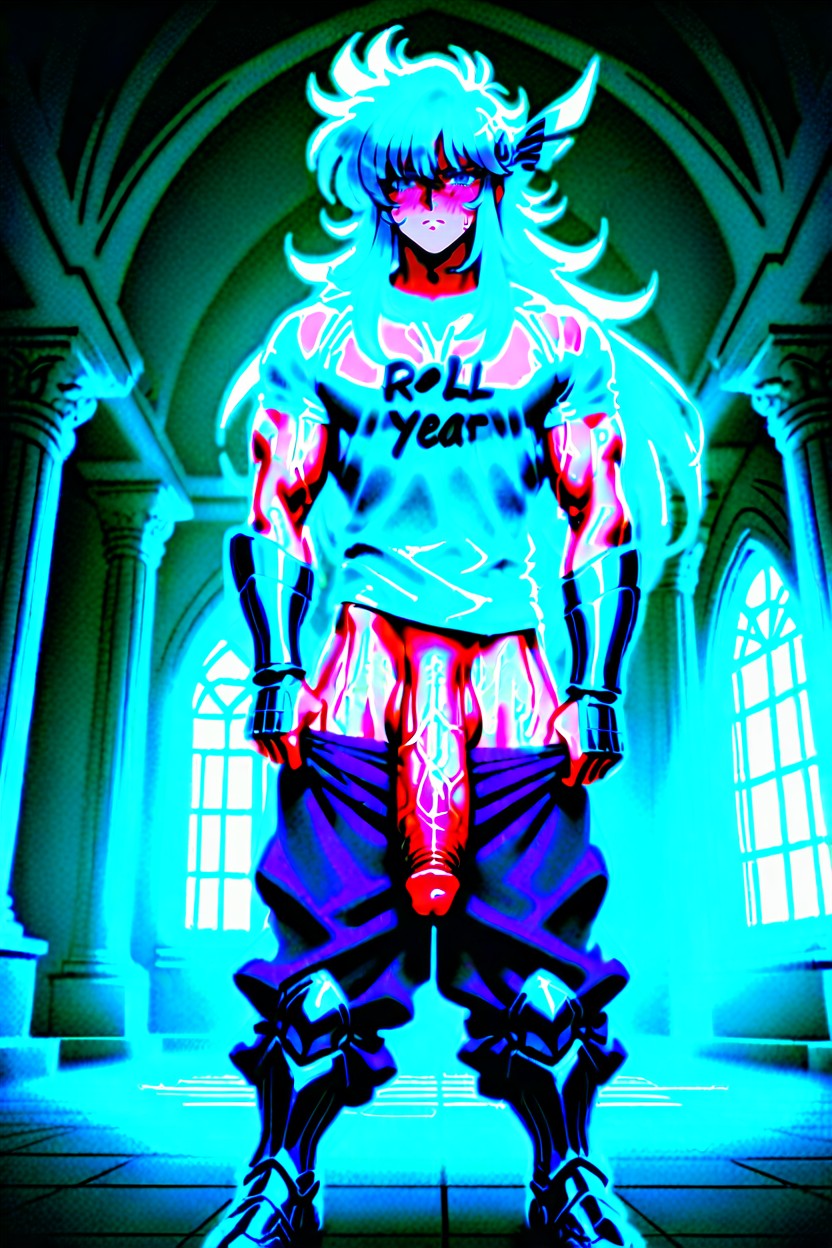 Light Blue Hair, White Metal Leg Guards, T-shirt AI Gay Porn