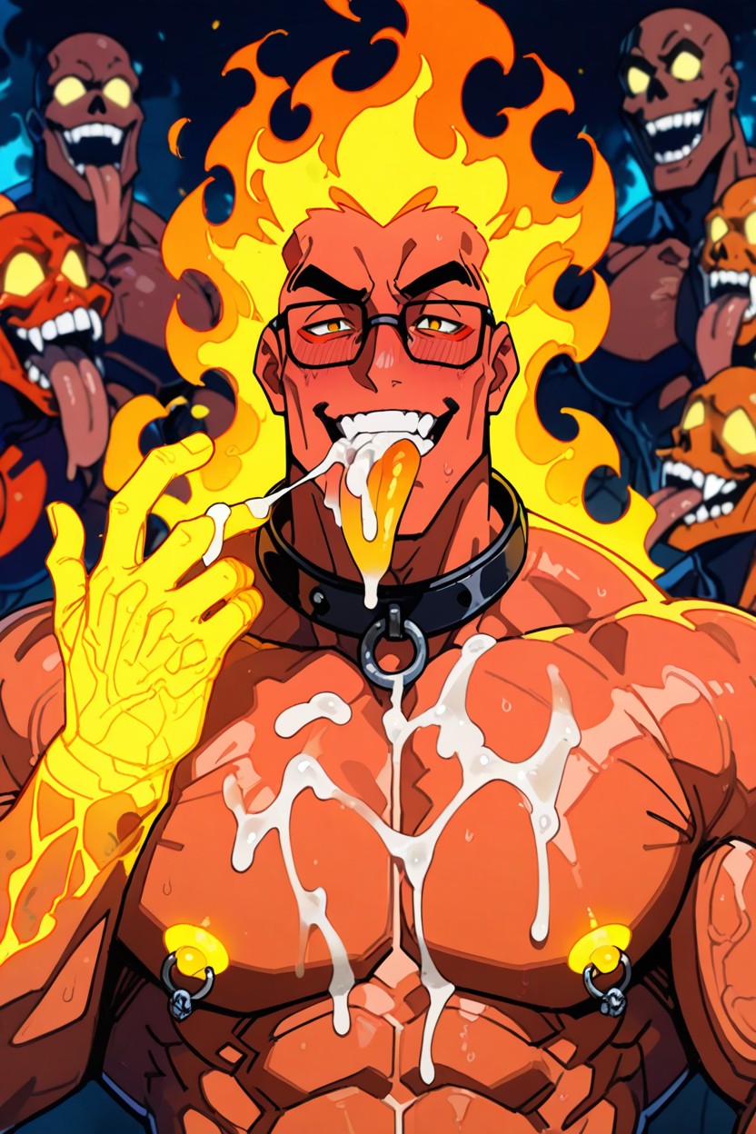 Kakure Art Style, Body Made Of Fire, 흥분한 얼굴 게이 AI 포르노