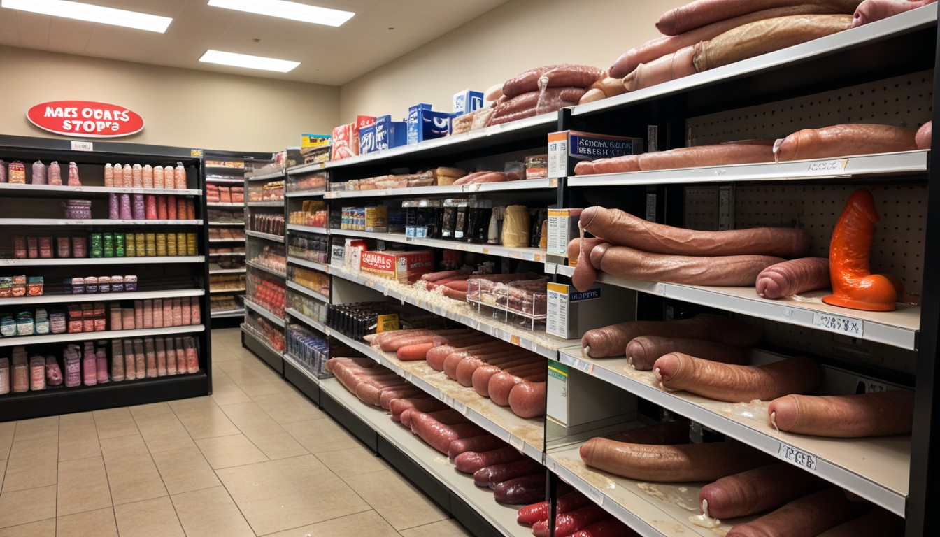Convenience Stores Shelves, Detailed, Of Giant Hyper Uncut Dick Dildos Porno IA Gay