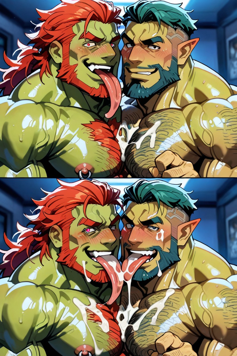 Big Tongue, Muscular Man, Other Orc Has Red Skin ゲイAIポルノ