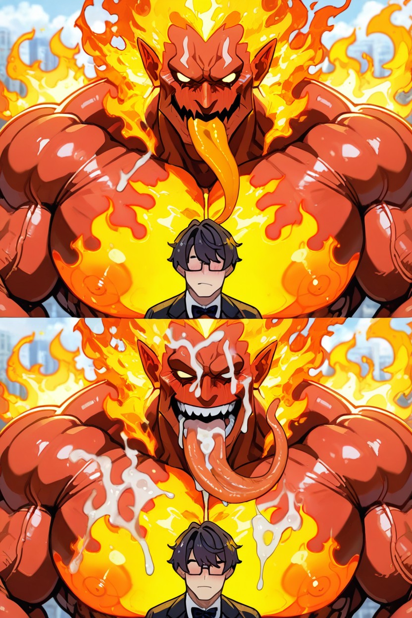 Other Monster Has Blue Fire Skin, Fire Hair, View On Both Monster Faces Pornografia gay com IA