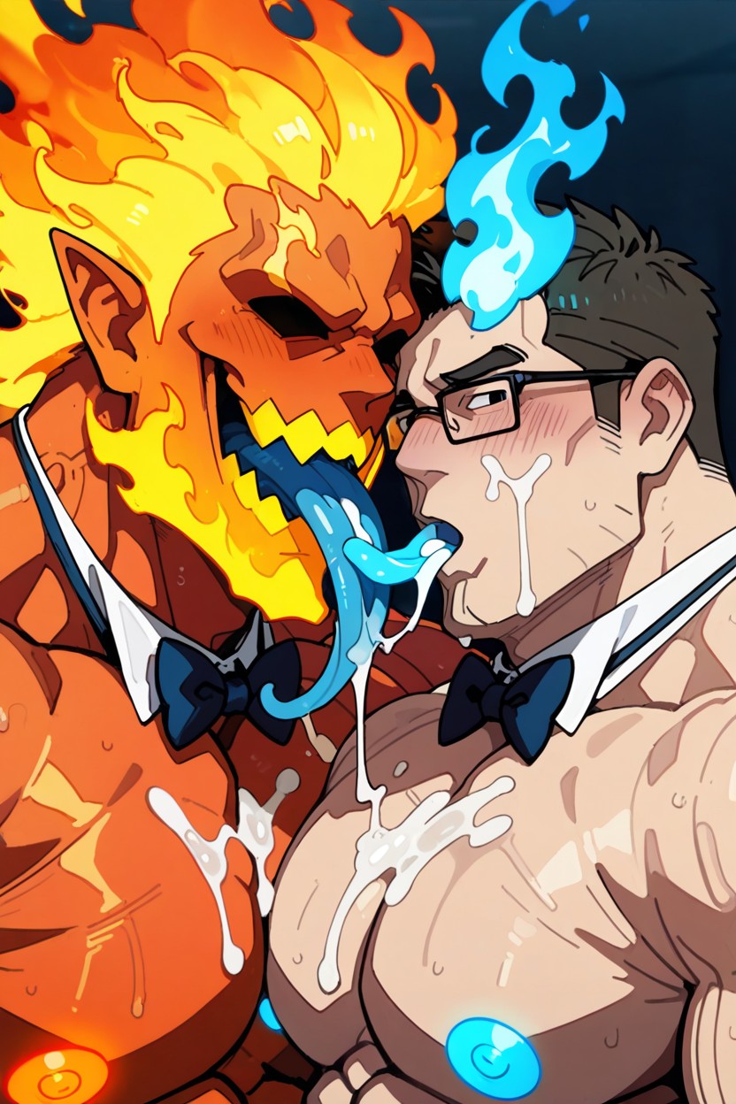 Monster Has Orange Fire Body And Hair, Skin Made Of Fire, Both Wearing Bowtie And Glasses Porno IA Gay
