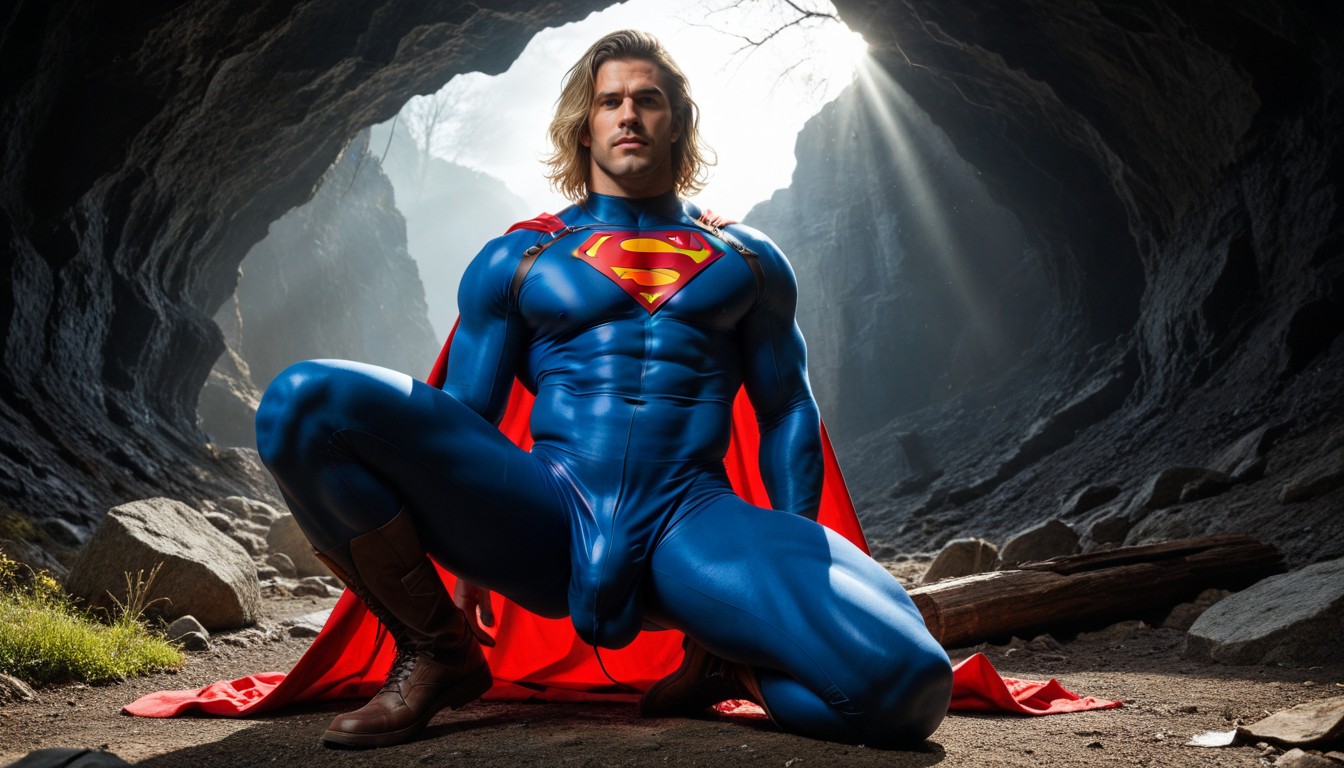 Musclé, Looking Faraway, Cave Landscape Background Porno IA Gay
