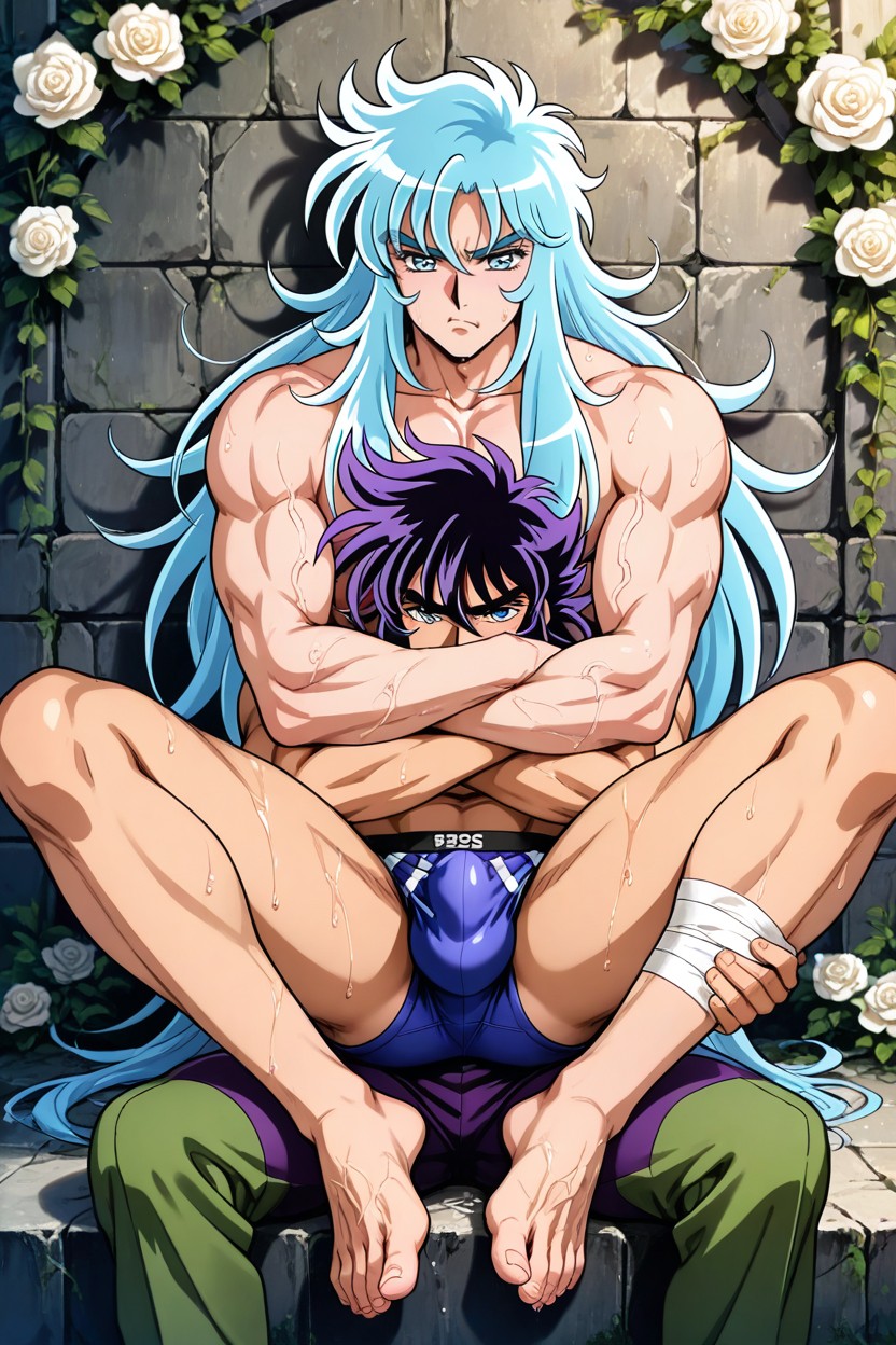 Purple Long Hair, Fair Skin, Jambes Écartées Porno IA Gay