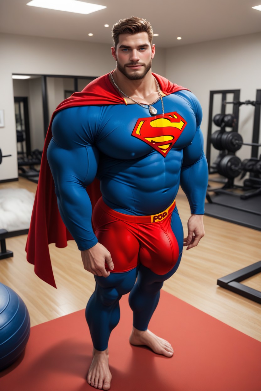 Bright Red Gym, Round Pillowy Pecs, Long Cock 게이 AI 포르노