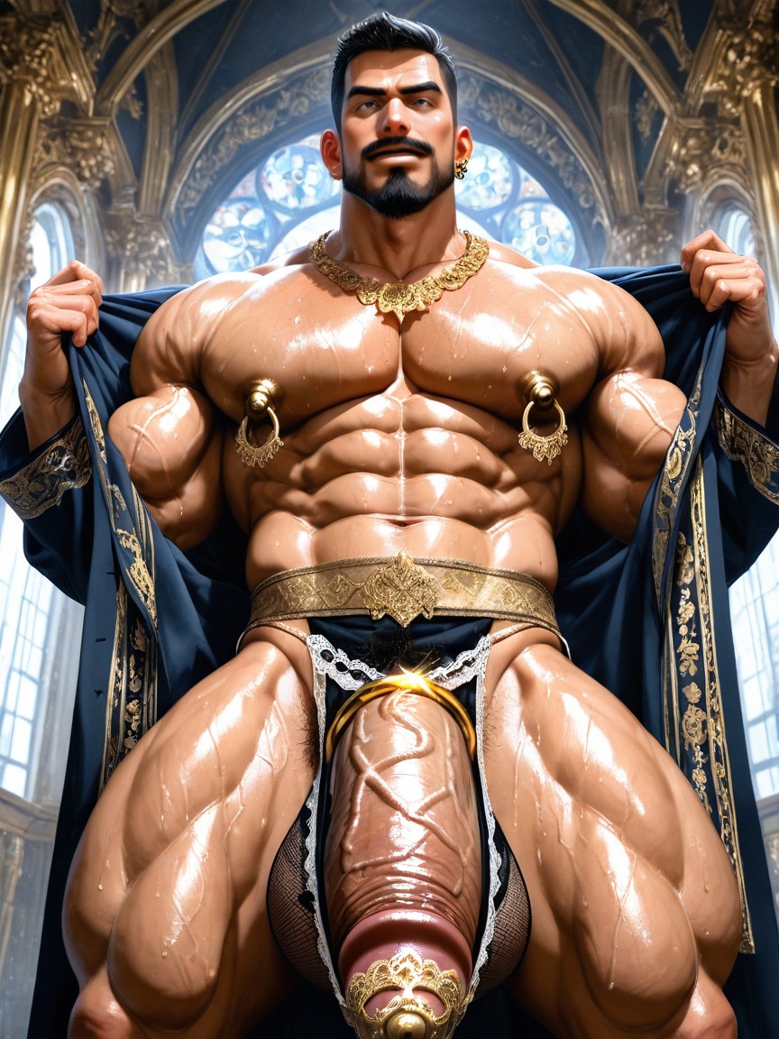 Aroused Excited Face, Hard Defined Biceps, Arabesque Hyper Detailed Elaborate Heavy Golden Ornate Ruby Necklace Porno IA Gay