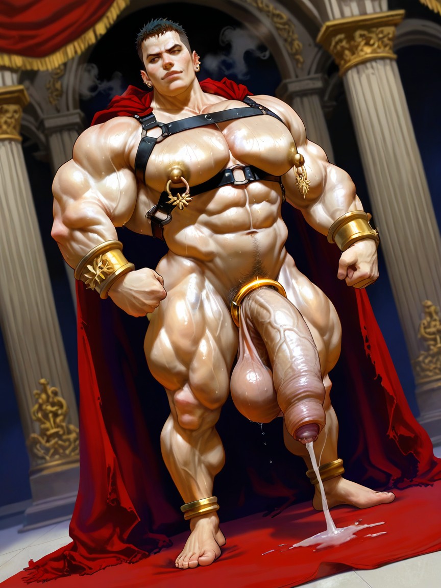 Cheveux Très Courts, Hyper Heavy Extremely Dangling Golden Ornate Nipple Piercings, Muscles Surdimensionnés Porno IA Gay