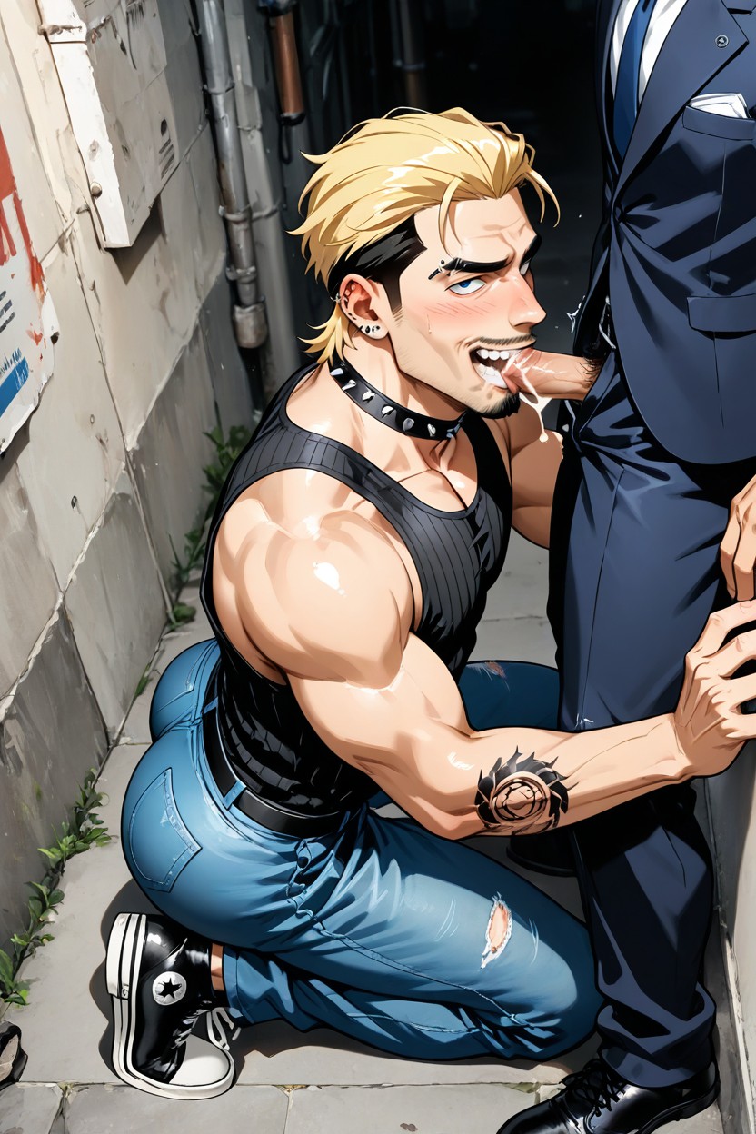 Dark Blue Ripped Blue Jeans, Spiked Black Leather Choker, トップダウン ゲイAIポルノ