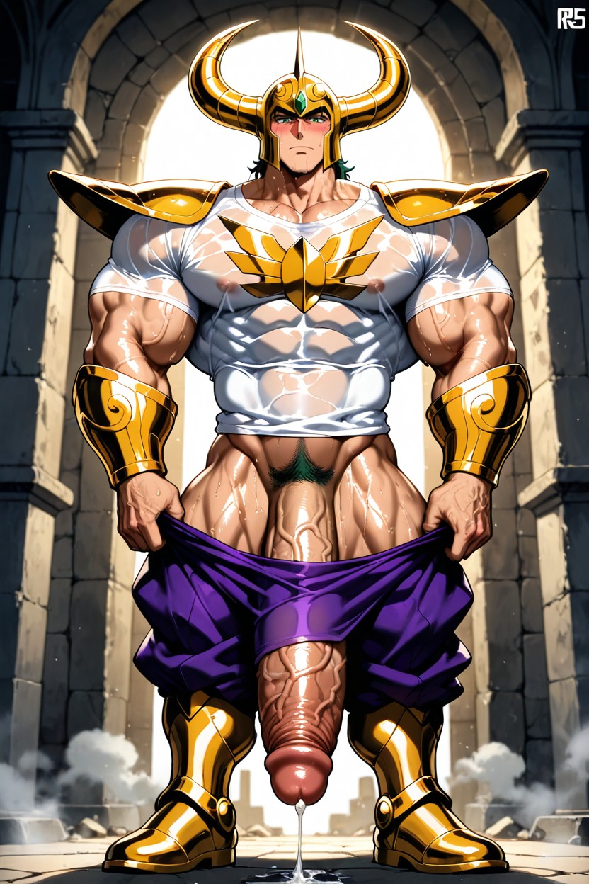 Knights Of The Zodiac, Gold Metal Helmet With Large Horns On Top, T-shirt 게이 AI 포르노