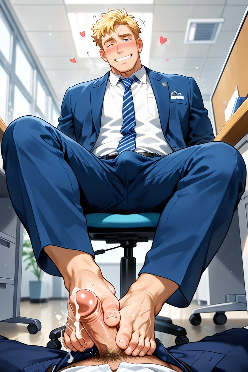 Blushing, Cock Head Between Toes On Left Foot, Gripping Cock With Toes 게이 AI 포르노