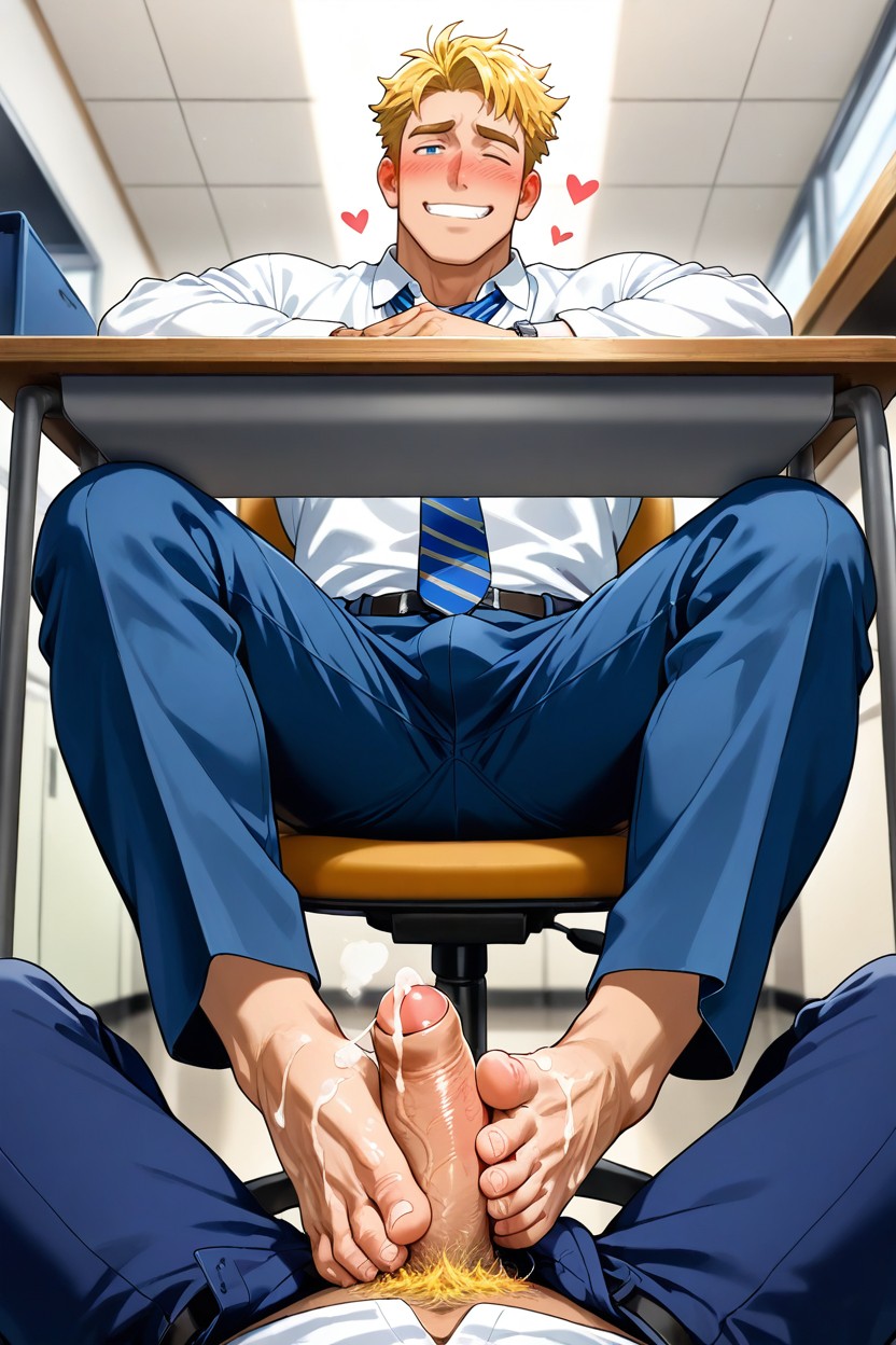 Full Body, Legs Spread, Curled Smug Closed Mouth Smile AI Gay Porn