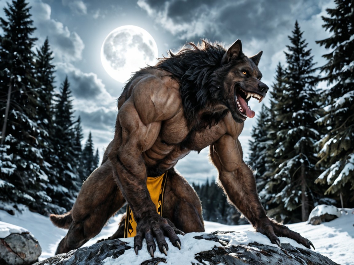 Muscular, Werewolf Standing In A Dynamic Pose In The Dark Moonlit Woods, Thick Fur Covered Legs AI Gay Porn