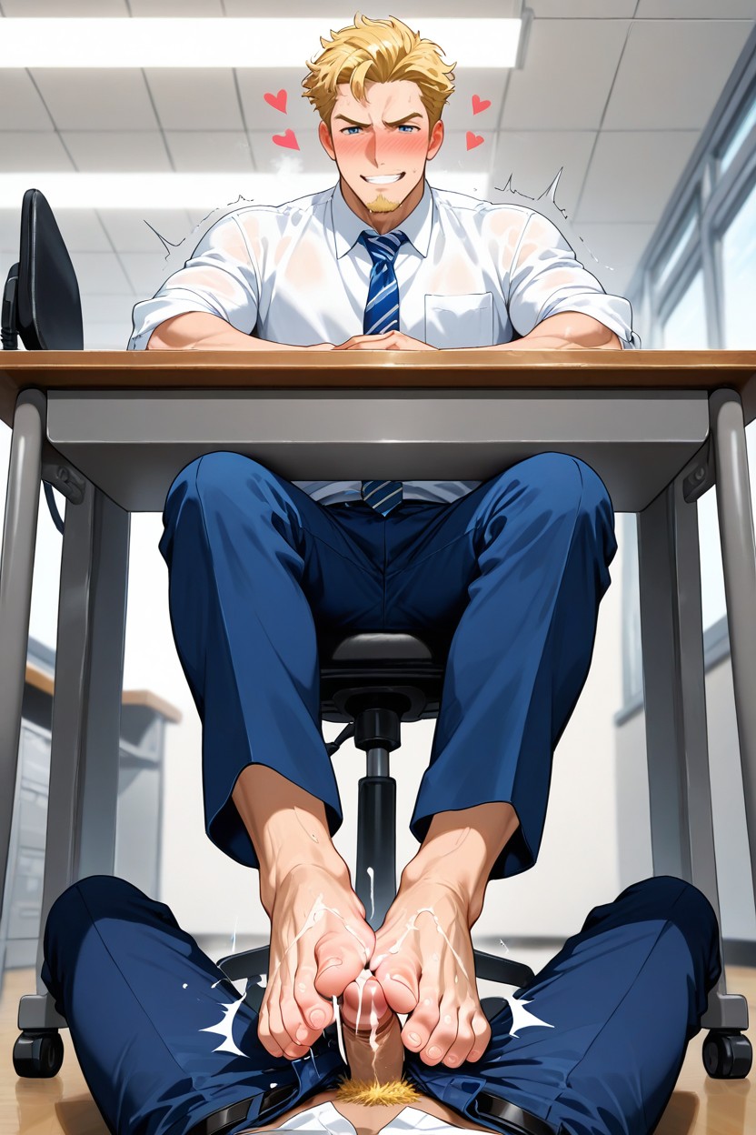 Wide Shoulders, Pov Under Desk, Grabbing Cock Head With Big Toe And Index Toe AI Gay Porn