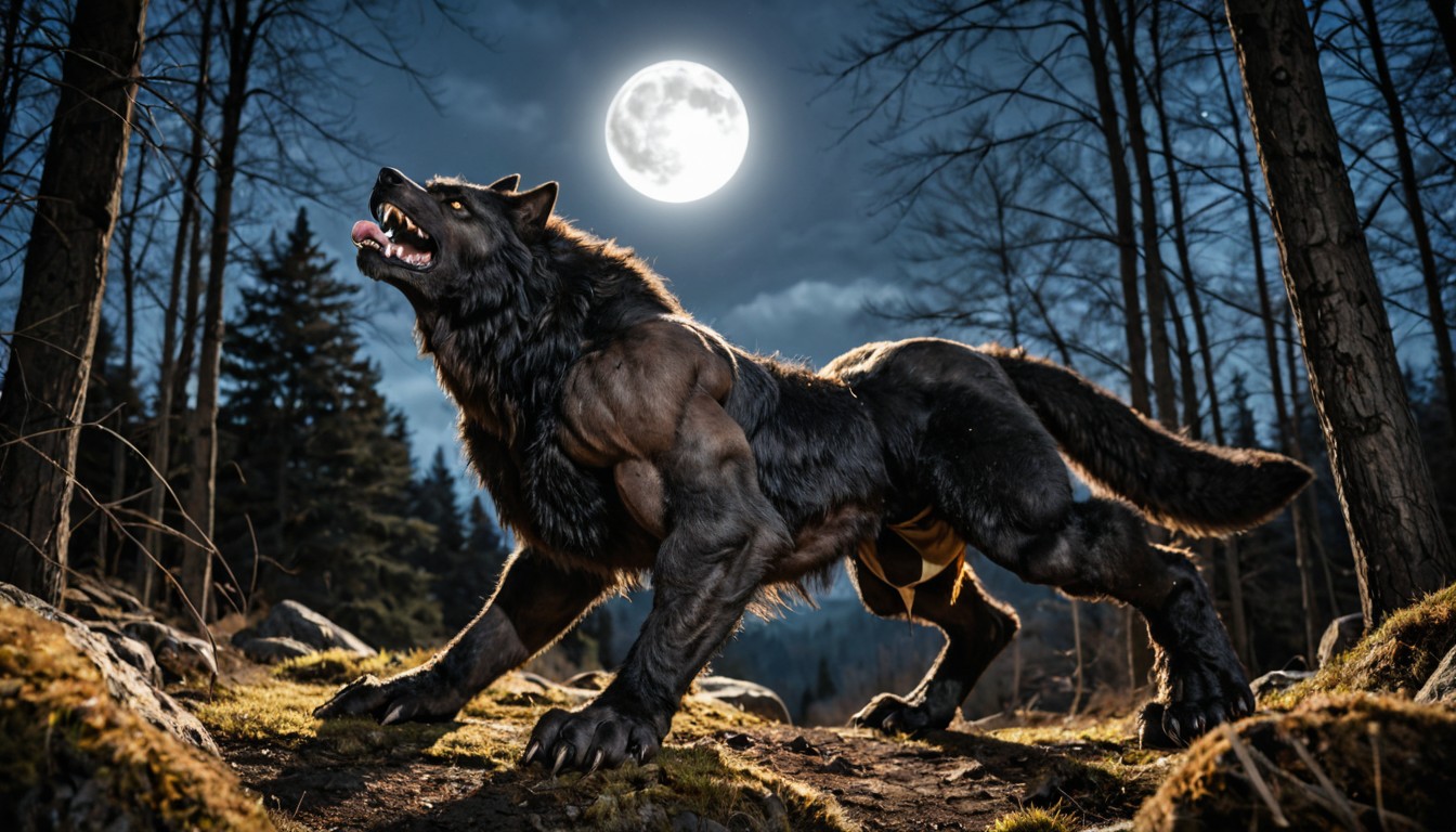 Werewolf Looking Towards The Viewer, Large Paw Feet, Blurred Full Moon In Nighttime Sky 게이 AI 포르노