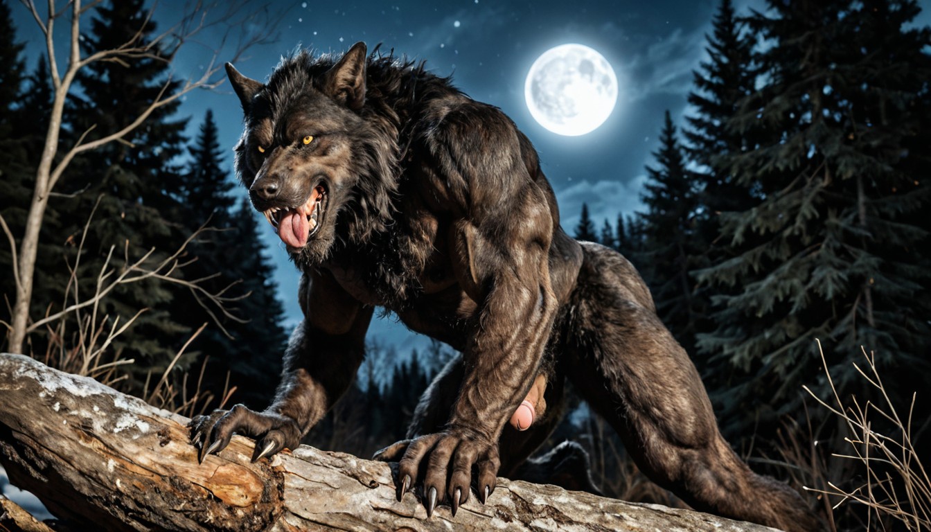 Werewolf Has A Massively Furry Gigantic Oversized Torso, Blurred Full Moon In Night Time Sky, 작은 게이 AI 포르노