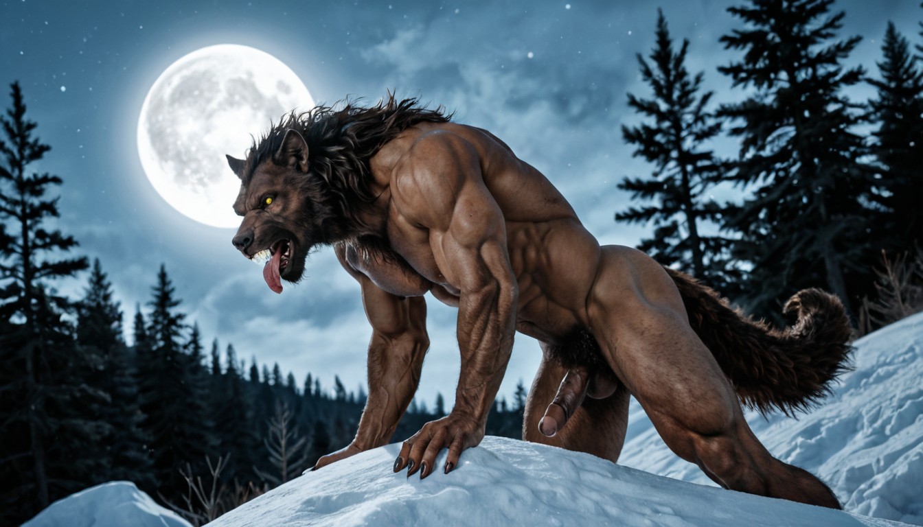 Natural Sized Furry Balls, A Highly Realistic Werewolf Monster Body In Full View, Muscular AI Gay Porn