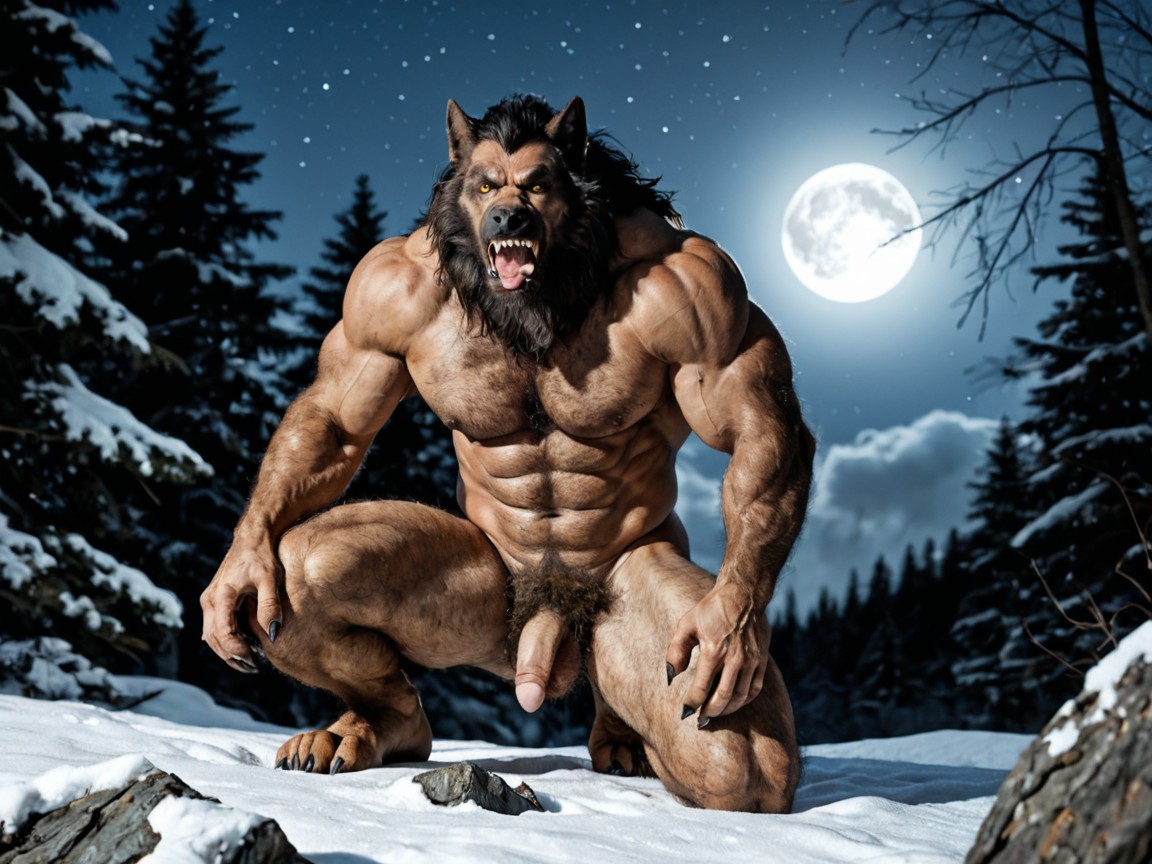 Werewolf Is Posed Like A Big Friendly, Werewolf Has A Wolflike Fur Covered Body, Oversized Wolflike Upper Body 게이 AI 포르노