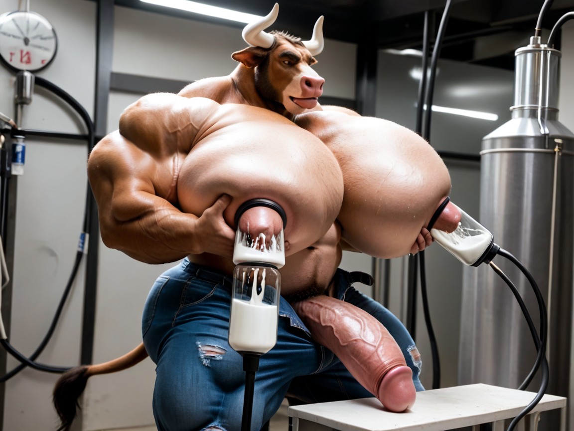 Mouth Agape, Big Nipples, Milking Machine Milking Cattle Furry's Breasts 게이 AI 포르노