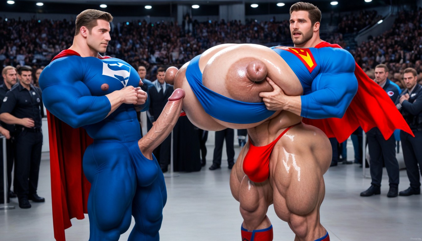 Both Men Standing Back To Back Sharing One Dildo Up Their Asses, Hyper Pecs, Gay Porn 게이 AI 포르노