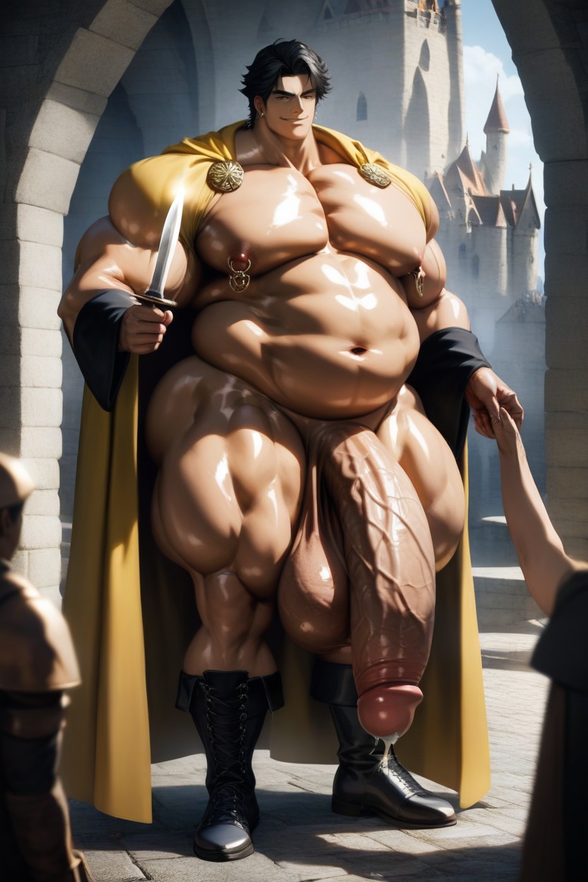 Muscular, Oiled Skin, Hyper Huge Bulging Testicles Pornografia gay com IA