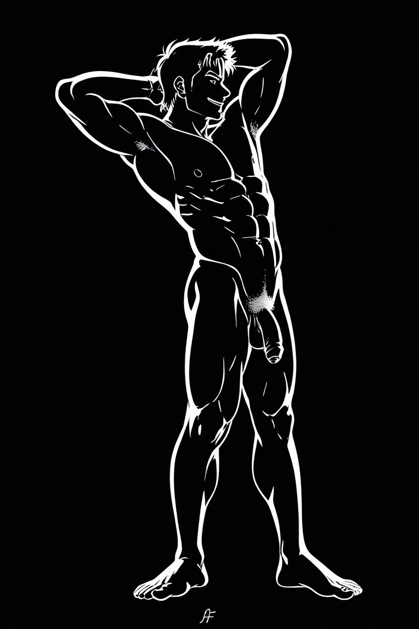 Big Testicles, Pubic Hair, Figting Standin Nude Man AI Gay Porn