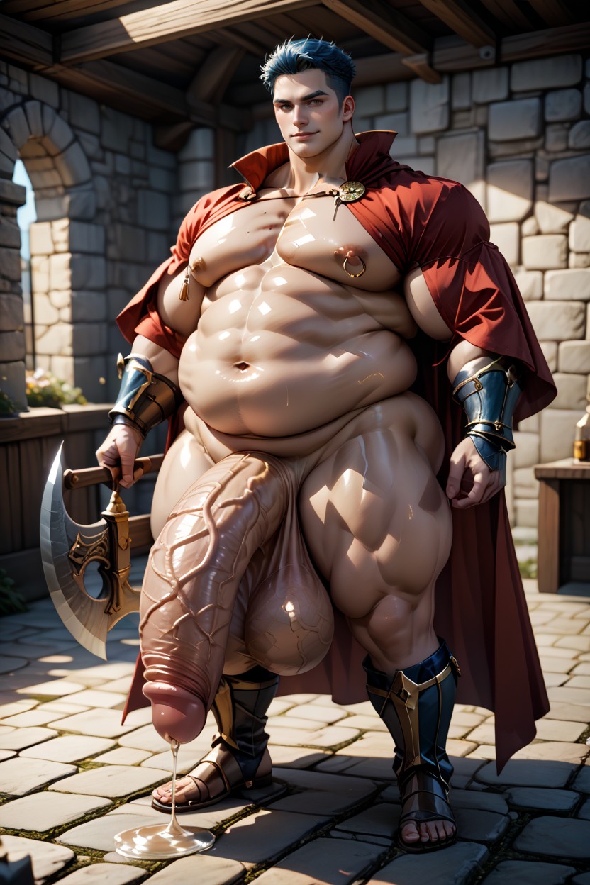 Blue Armor With Gold Highlights, Masculine Body, Thick Thighs AI Gay Porn