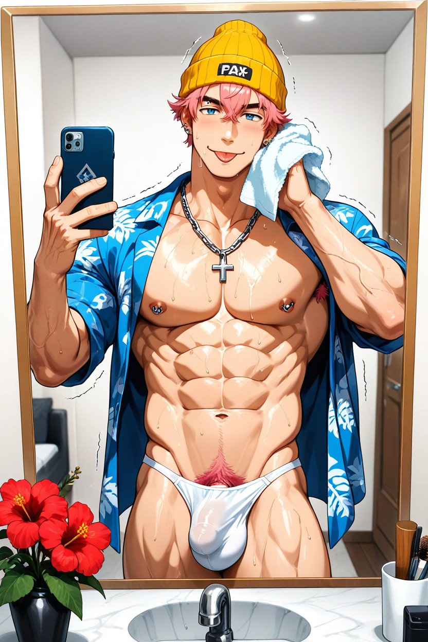 Large Pectoral, Lying In Luxuris Bed, Sweat 게이 AI 포르노
