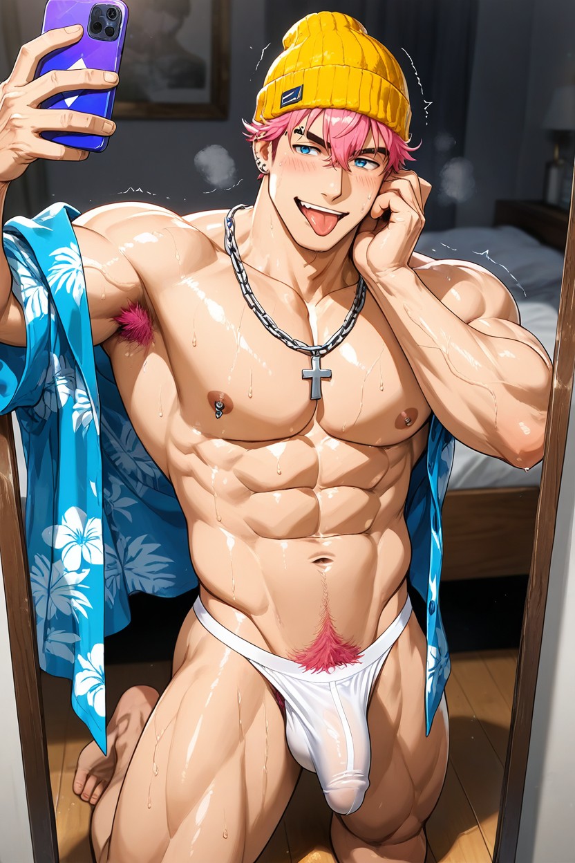 Holding Towel, Cellphone, Pale Skin AI Gay Porn