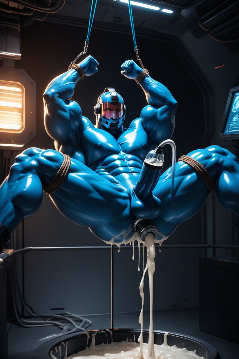 Deep Blue Rubber, Ankles Bound By Ceiling Ropes, Xxl Oversized Broad Shoulder AI Gay Porn