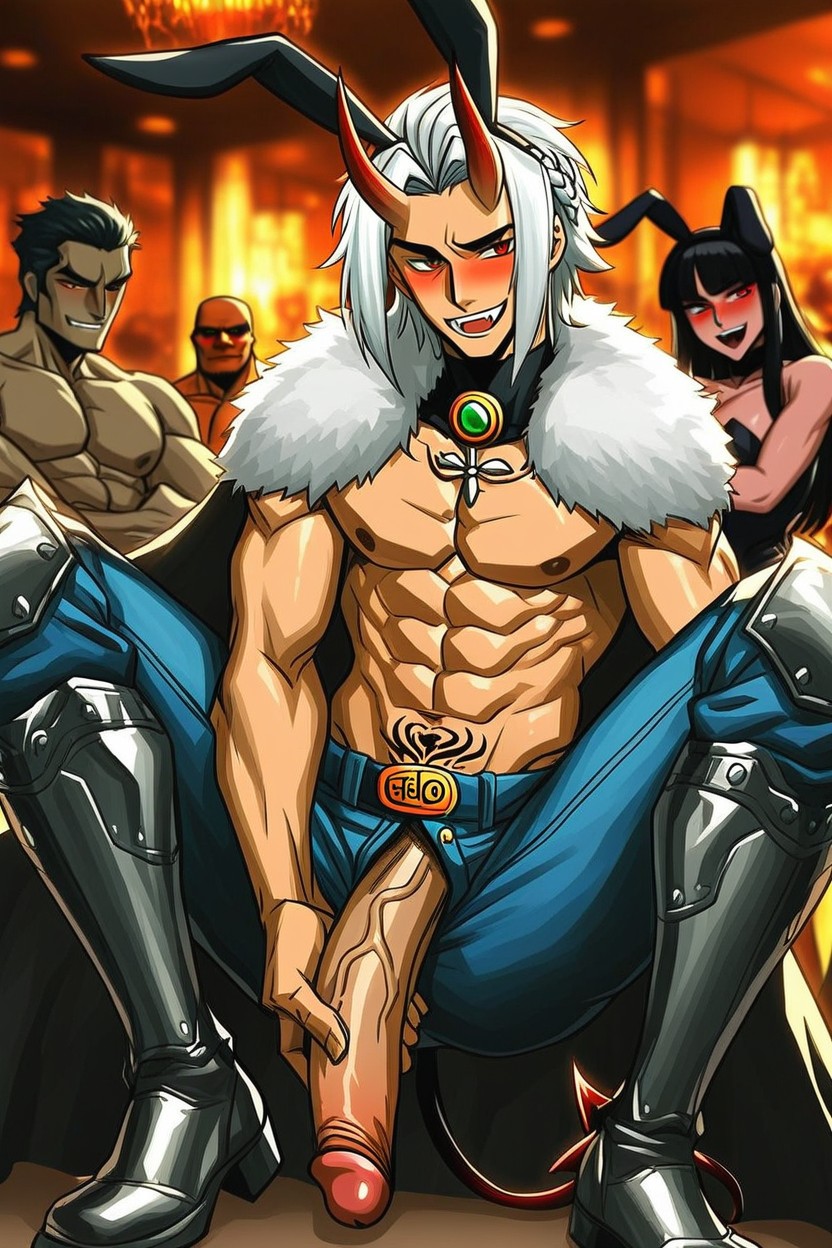 Blonde Hair With The Tips Up, Ninja, Sitting Down Legs Spread AI Gay Porn