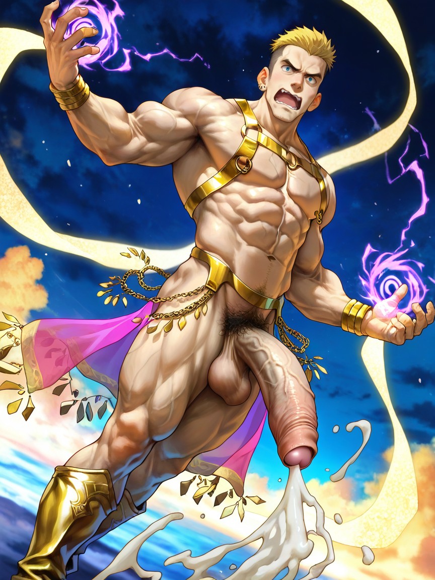Hyper Heavy Ornate Golden Cock Ring, Naked, Undercut Blonde Hair AI Gay Porn