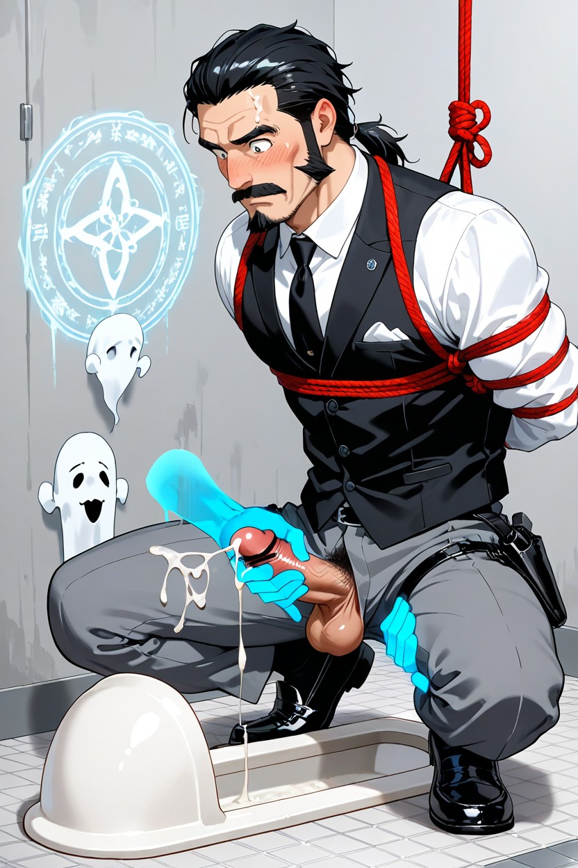 Black Tie, Demonic Circle Drawing On The Wall, Foot Tall Goth Demon Hunter In Bondage AI Gay Porn