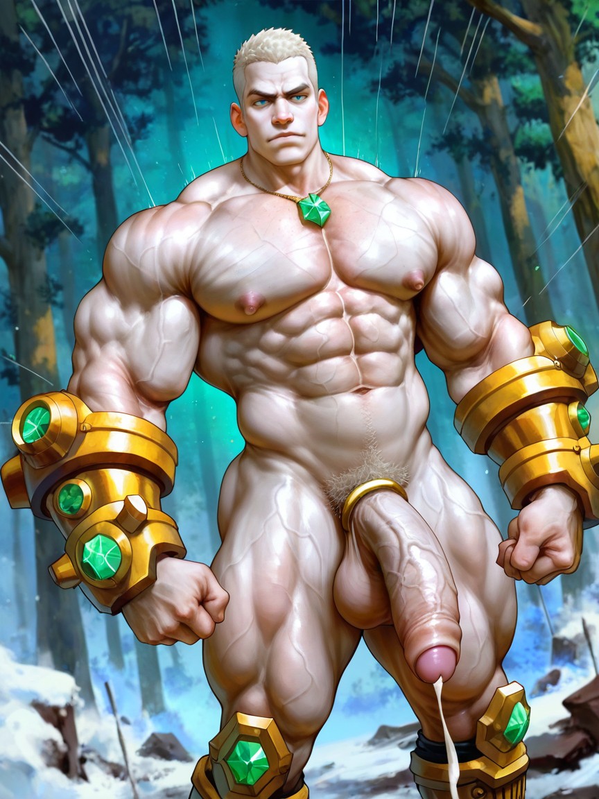 Magical Forest, Ornate Golden Necklace With Green Crystals, Huge Heavy Plump Bulging Defined Masculine Pecs AI Gay Porn