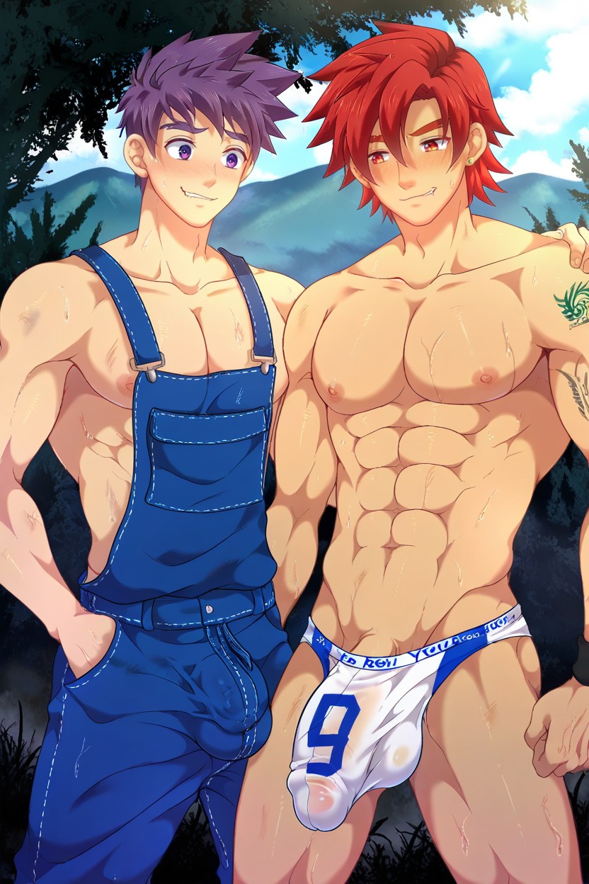 Many Camp Buddies In Background Staring In Awe, Gigantic, Naked AI Gay Porn