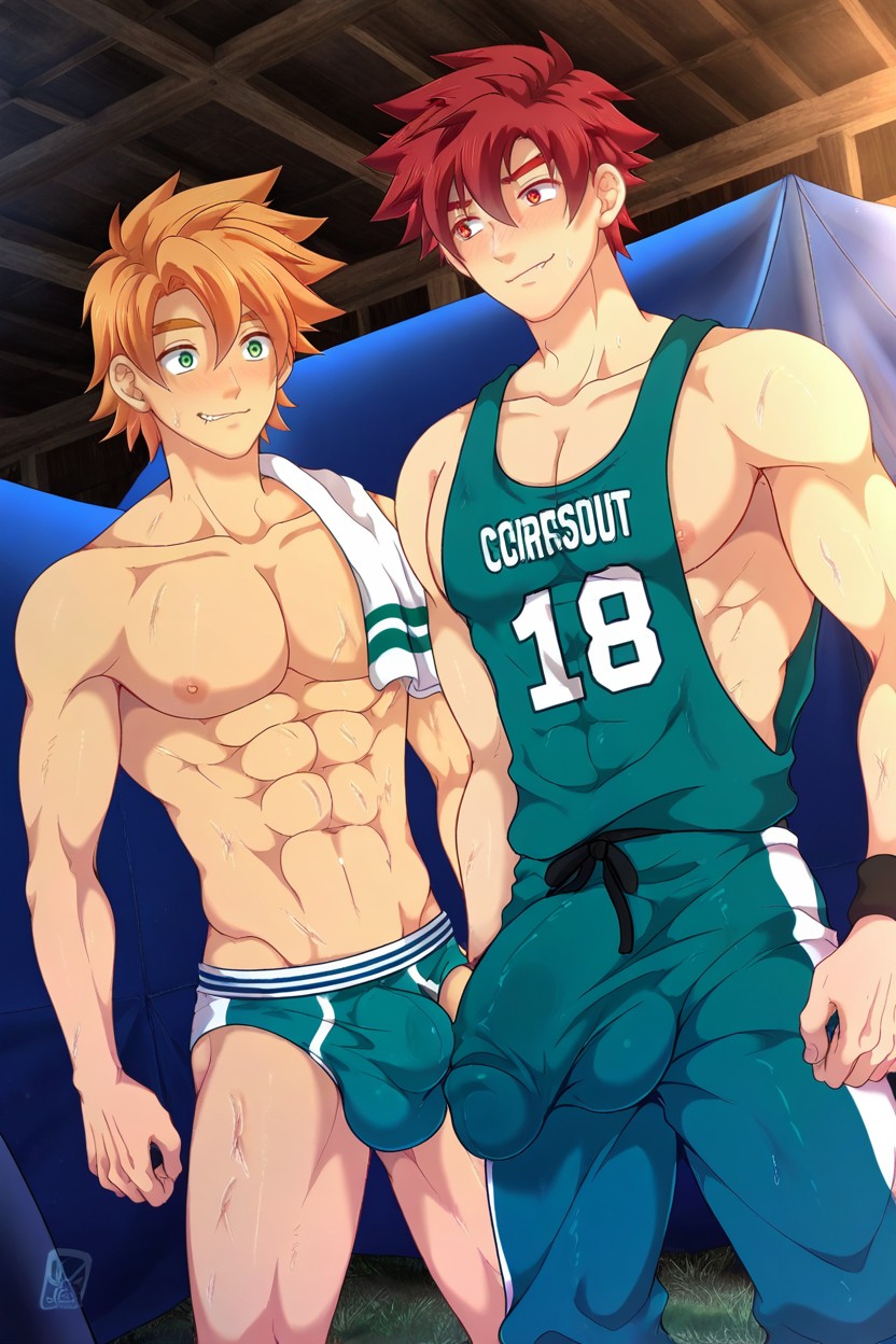 Many Camp Buddies In Background Staring In Awe, K, Men AI Gay Porn